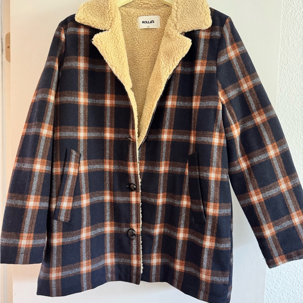 ROLLA'S Blue and Tan Teddy Jacket Cozy Chic Style